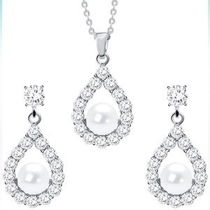 Silver Pearl Jewelry Set Wedding Necklace & Earrings